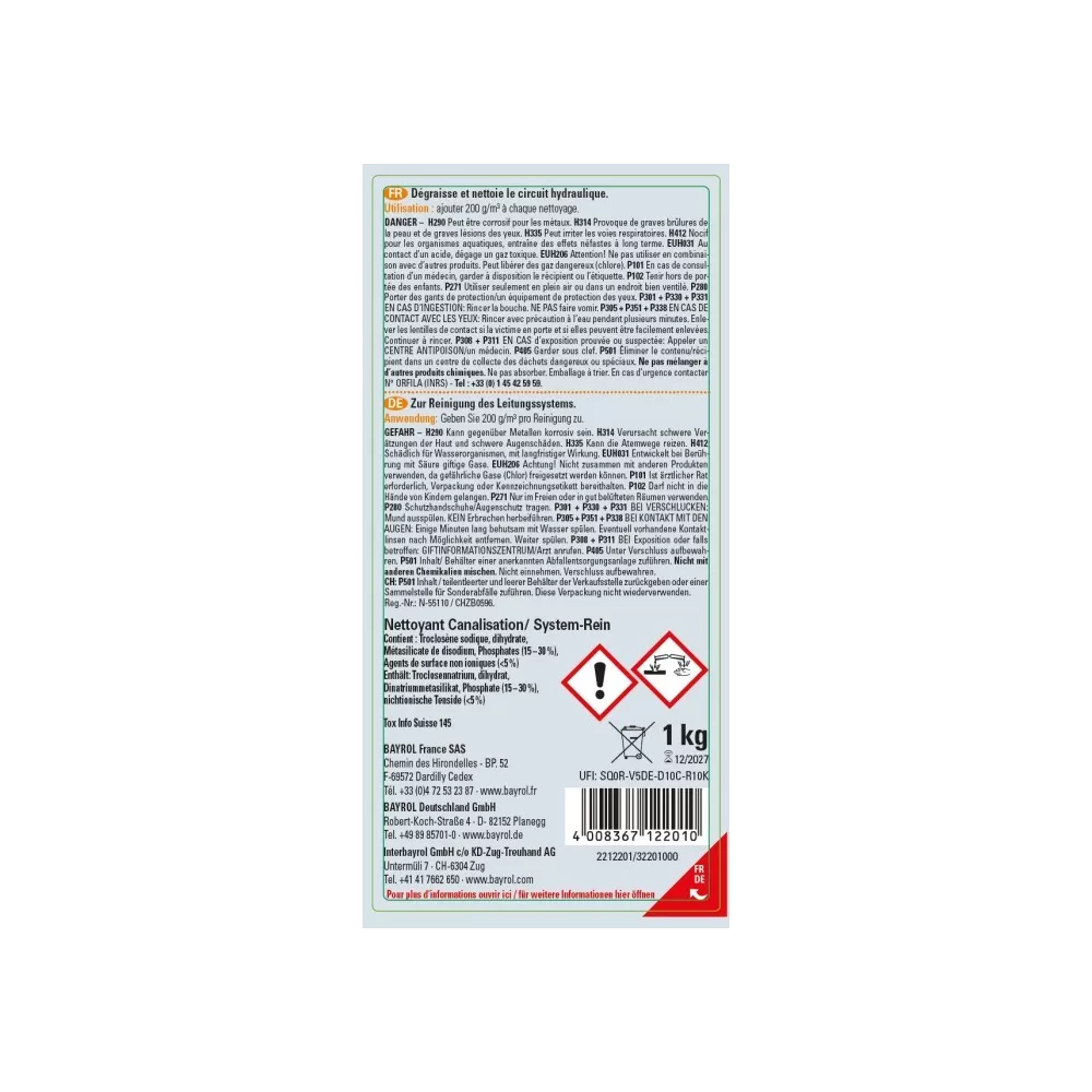 Nettoyant canalisation 1kg Dégraisse et nettoie le circuit hydrauli...