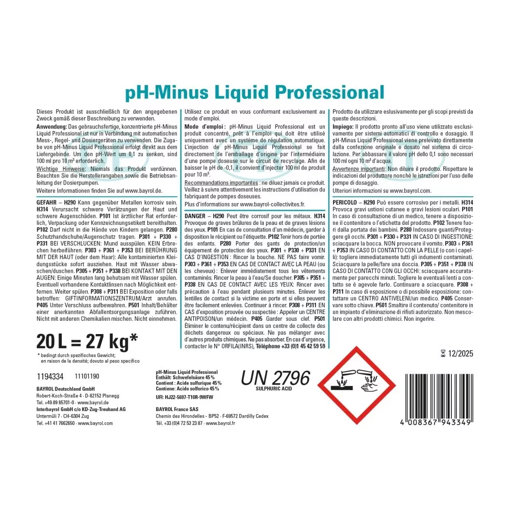 pH-Minus Liquid Professional - 20 l / 27 kg