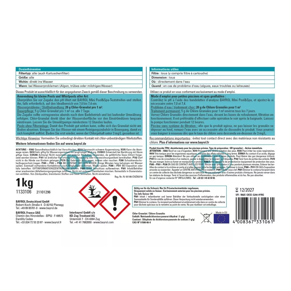 Mini Pool & Spa granulés de chlore 1 kg  Convient pour les piscines...