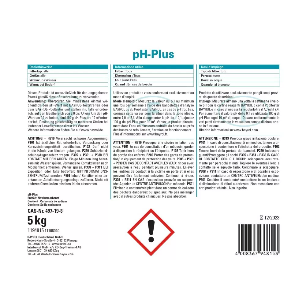 pH-Plus 5 kg Granulés pour augmenter les pH inférieurs à 7,0 Dissol...