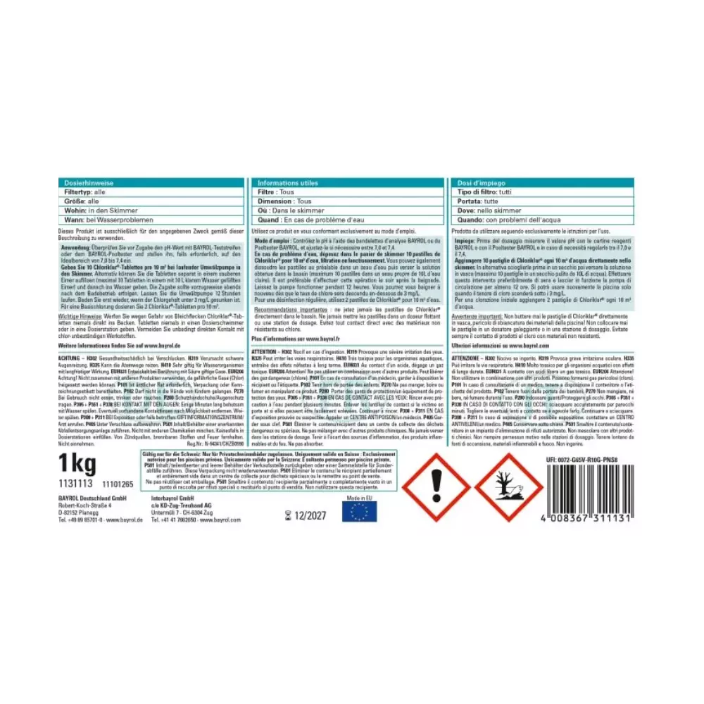 Chloriklar® 1kg tablet de chlore 20gr